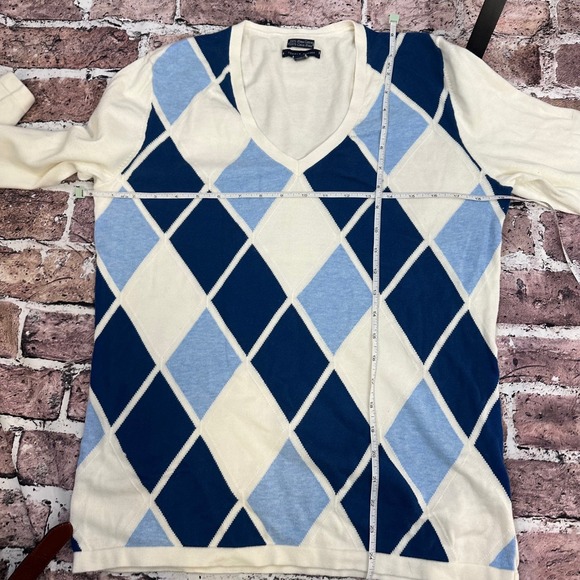 Tommy Hilfiger Womens Argyle V Neck Sweater Cream Blue L/G 100% Pima Cotton - Picture 8 of 12